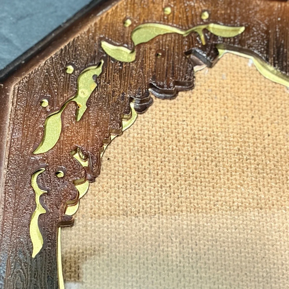 Vintage Octagonal Faux Wood Picture Frame Gold Floral Filigree 8x6.5